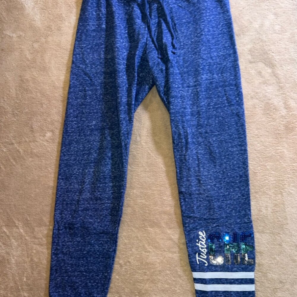 Justice Active Girls 12 Heather Blue Sequin Cheer Gymnast Sweatpants‎ Joggers